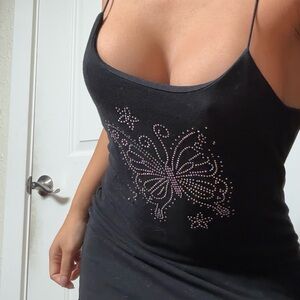 Black Spaghetti Strap Dress with Butterfly Design